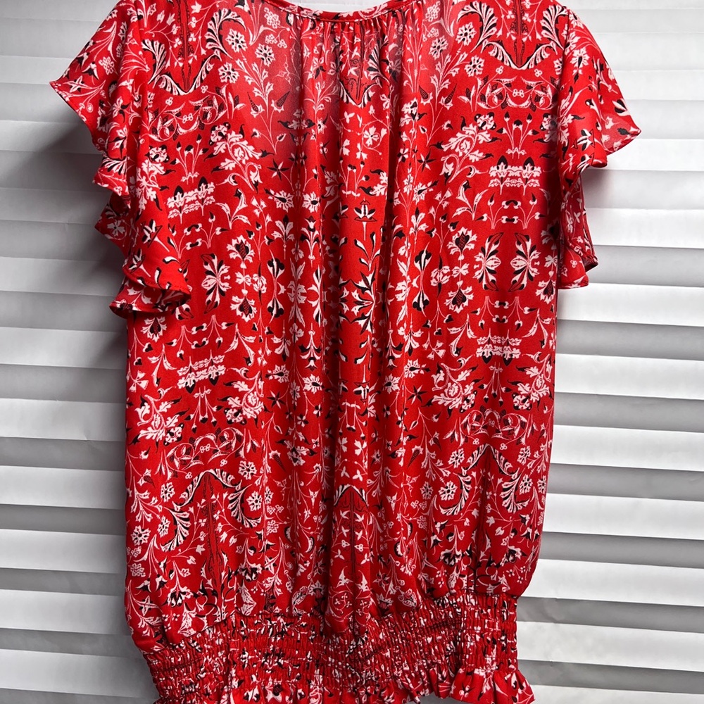 Rose & Olive Red Floral Blouse with Ruffle Sleeves - Picture 5 of 5